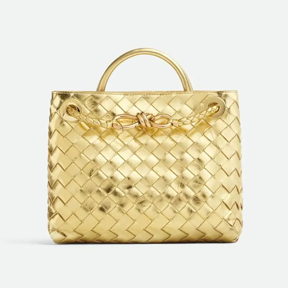 Bottega Veneta Small Andiamo Handle Bag in Intrecciato Leather for Women in Gold