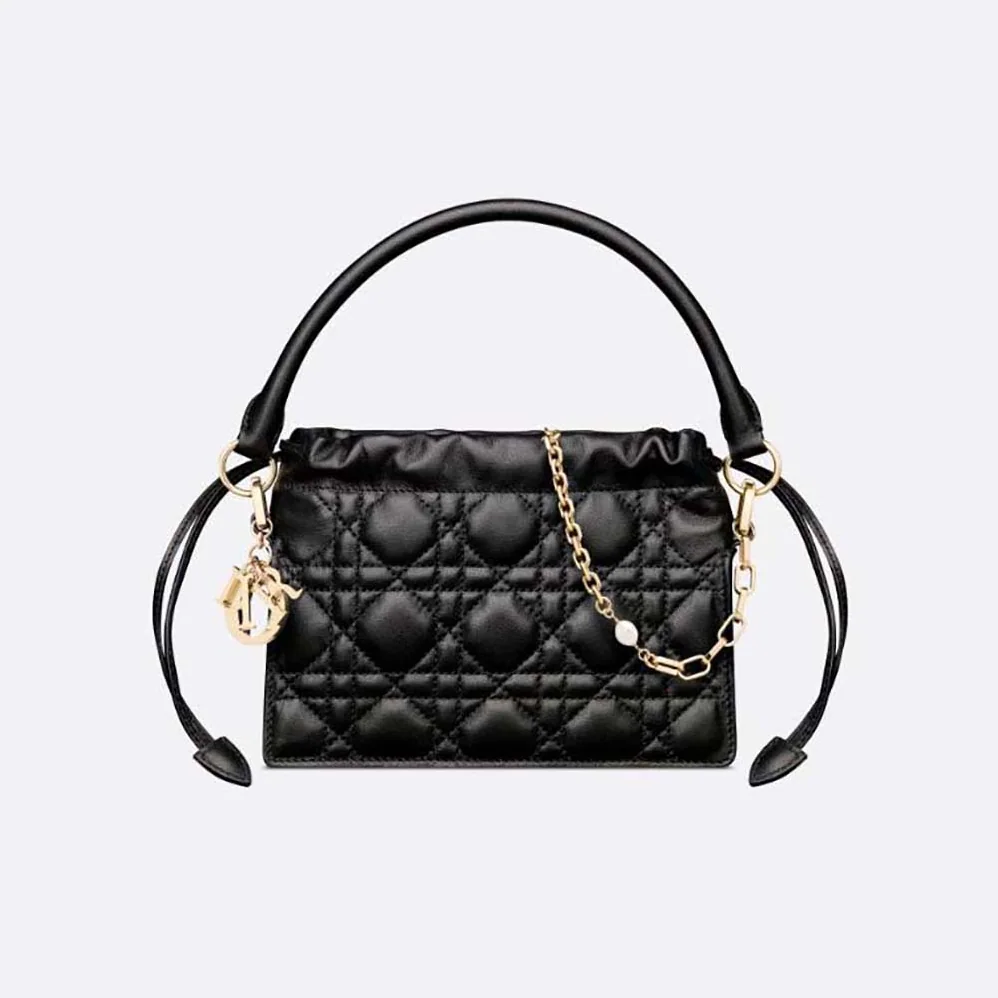 Dior Lady Dior Top Handle Drawstring Mini Bag Black Cannage Lambskin for Women