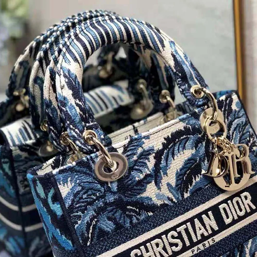 Dior Medium Lady D-lite Bag Blue Dior Palms Embroidery for Women