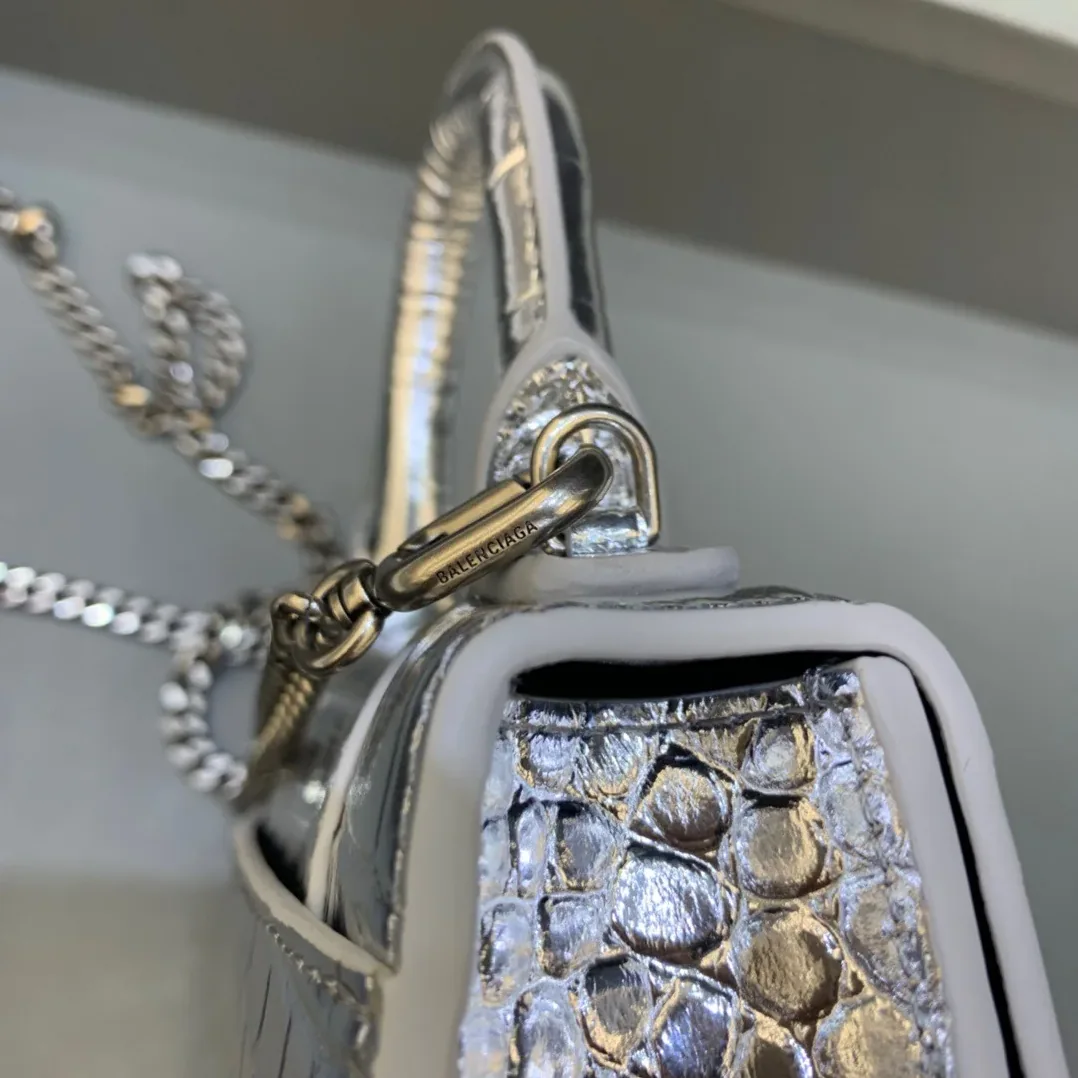 Balenciaga Hourglass Mini Handbag With Chain In Sliver