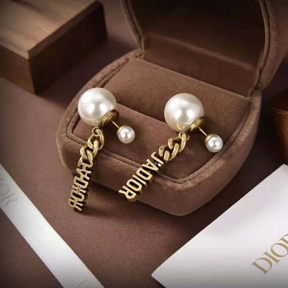 Dior Tribales Earrings Antique Gold-Finish Metal and White Resin Pearls for Women Dior Tribales Earrings Antique Gold-Finish Metal and White Resin Pearls for Women