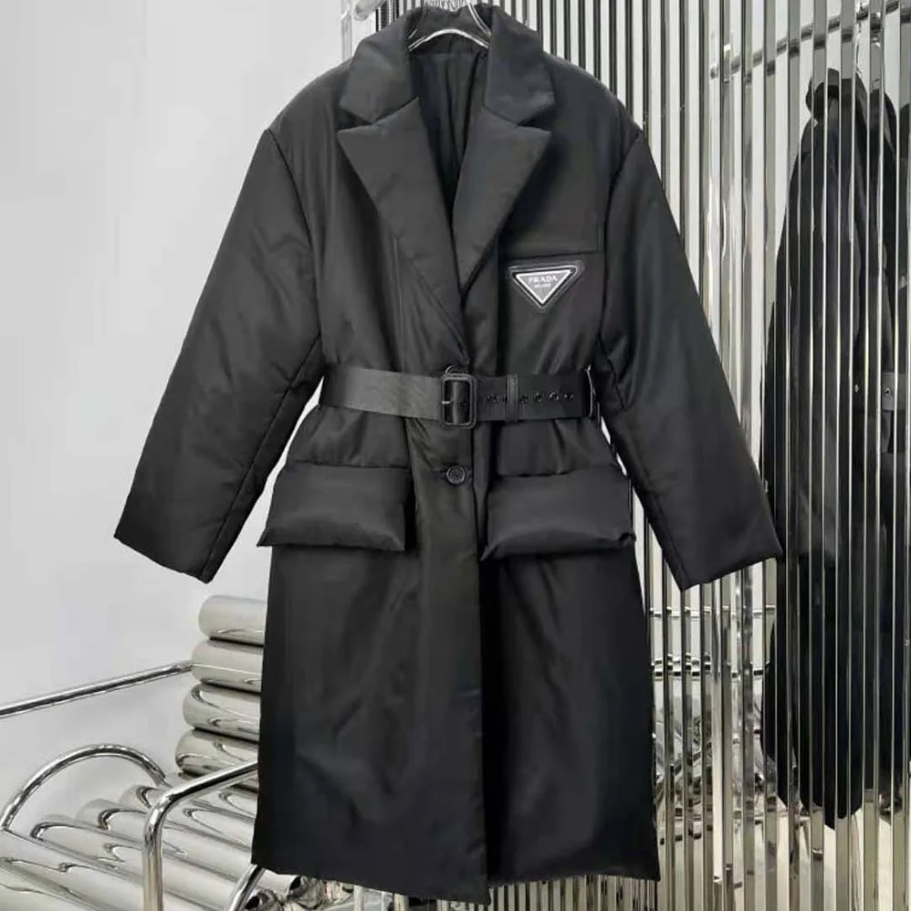 Prada Re-Nylon Down Coat with Enameled Metal Triangle Logo for Women Prada Re-Nylon Down Coat with Enameled Metal Triangle Logo for Women