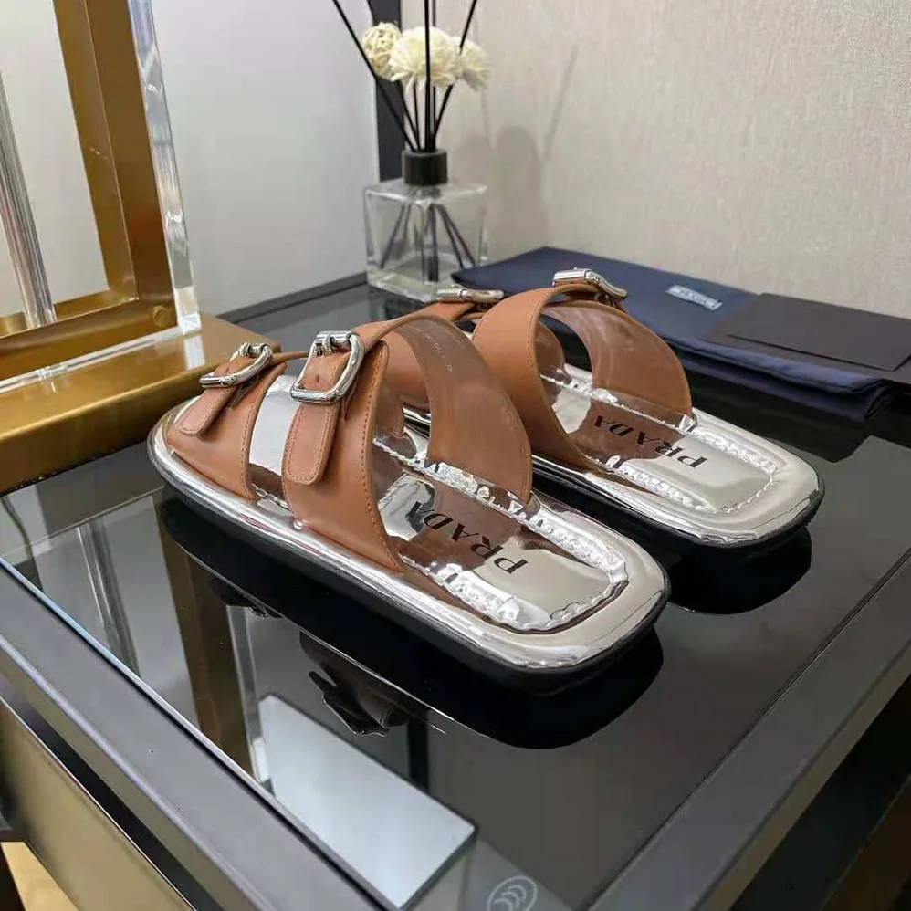 Prada Leather Sandals With Metal Buckle on the Upper for Women in Brown