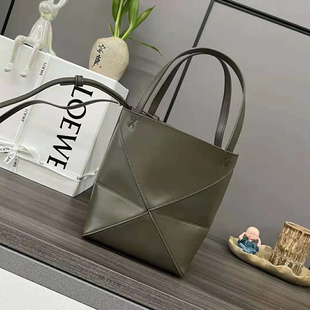 Loewe Mini Puzzle Fold Tote in Shiny Calfskin for Unisex in Green Loewe Mini Puzzle Fold Tote in Shiny Calfskin for Unisex in Green