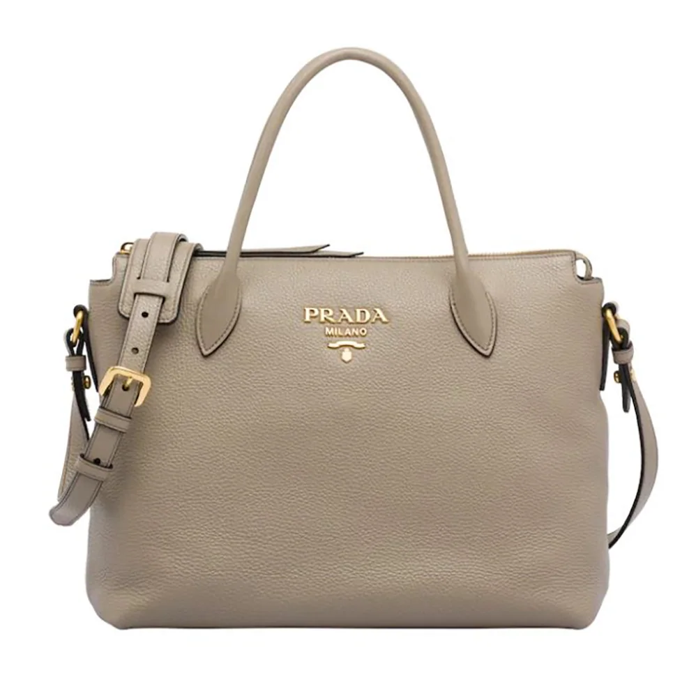 Prada Leather Handbag with Metal lettering Logo on the Front for Women in Beige Prada Leather Handbag with Metal lettering Logo on the Front for Women in Beige