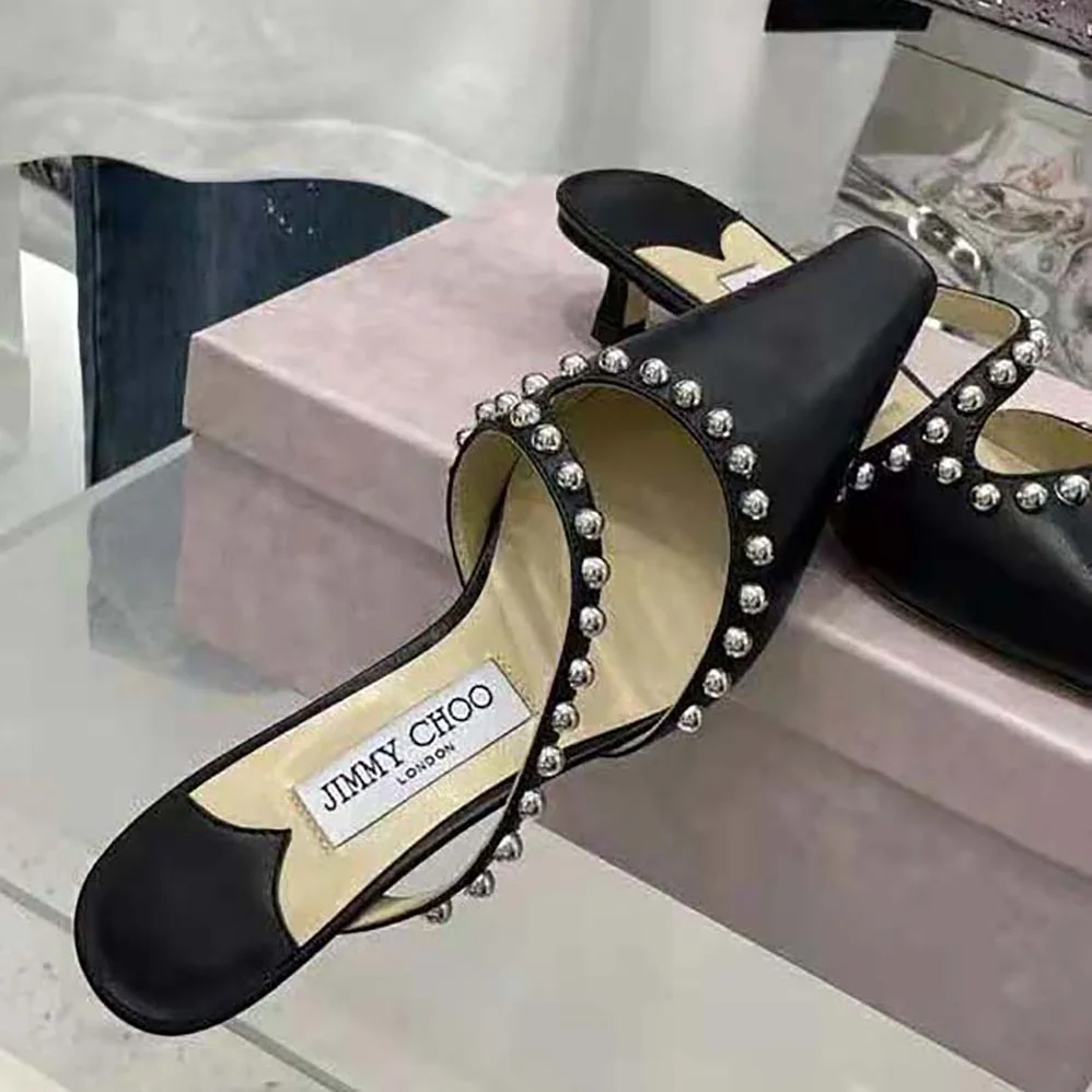 Jimmy Choo ROS 35 Black Nappa Leather Mules with Silver Dome Studs for Women Jimmy Choo ROS 35 Black Nappa Leather Mules with Silver Dome Studs for Women
