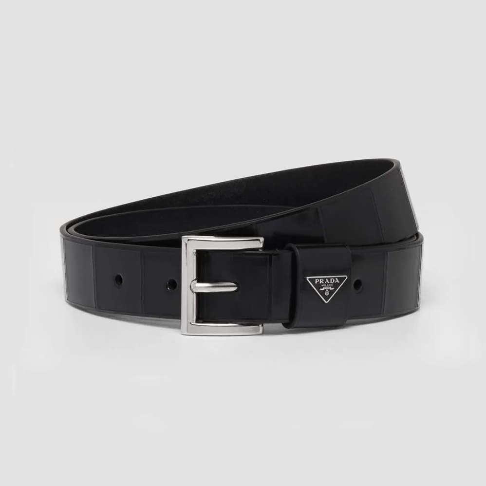 Prada Brushed Leather Belt with Enameled Metal Triangle Logo for Women