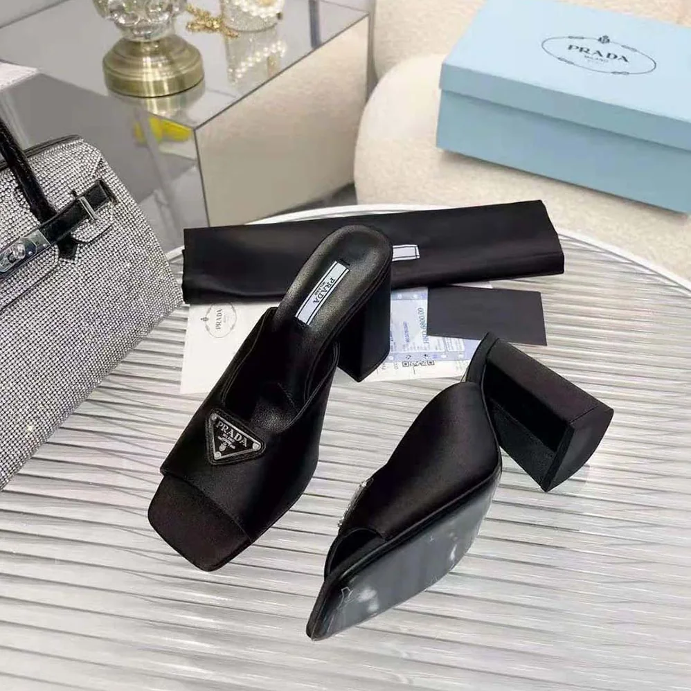 Prada High-Heeled Satin Slides for Women in Black Prada High-Heeled Satin Slides for Women in Black