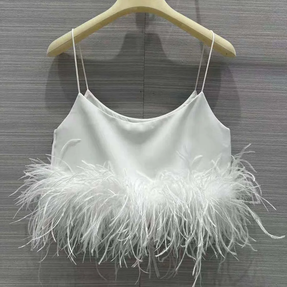 Miu Miu Stretch Cady Top with Feathers for Women in White