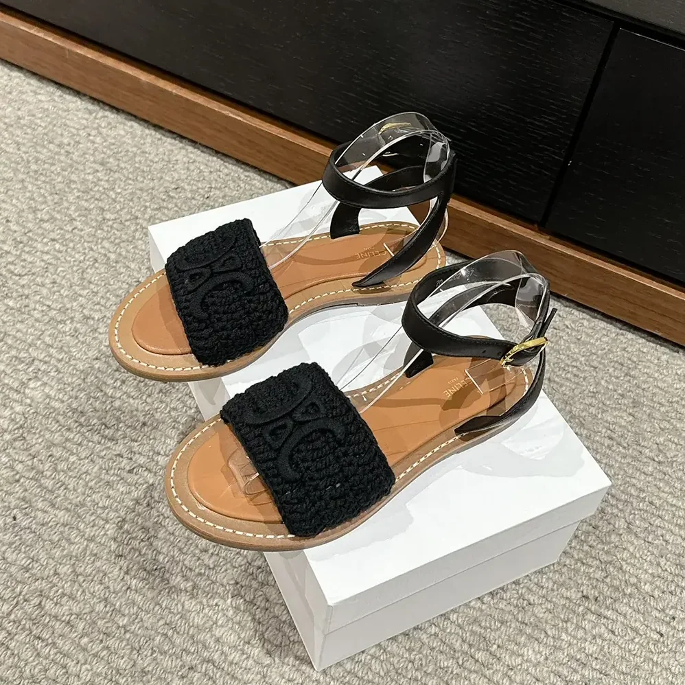 Celine Lympia Sandal in Triomphe Maccramé Cotton & Calfskin for Women in Black Celine Lympia Sandal in Triomphe Maccramé Cotton & Calfskin for Women in Black