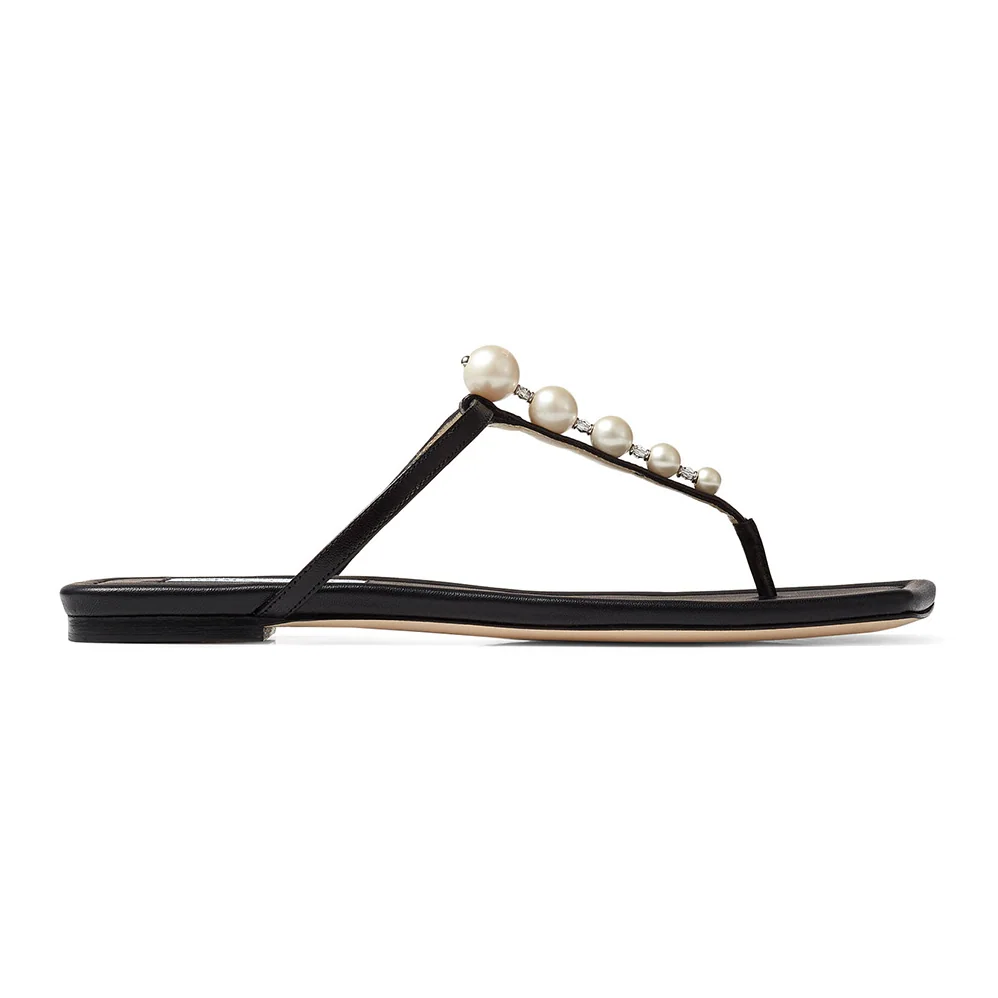 Jimmy Choo Alaina Flat Black Nappa Leather Flats with Pearl Embellishment for Women Jimmy Choo Alaina Flat Black Nappa Leather Flats with Pearl Embellishment for Women