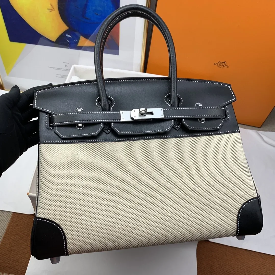 Hermes Birkin Top Handle Bag / Nata Swift BiColor Silver Hardware