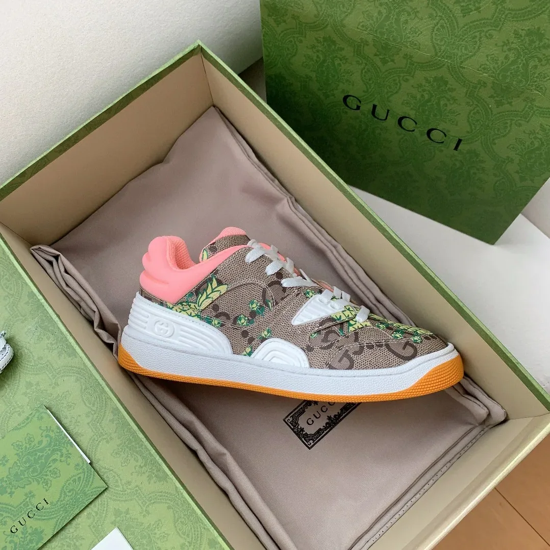 Gucci Basket Sneaker Print Pineapple Brown Pink for Women Gucci Basket Sneaker Print Pineapple Brown Pink for Women