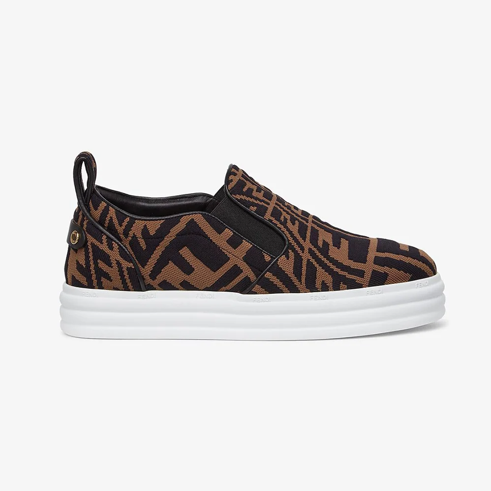 Fendi Rise Brown Fabric Slip Ons for Women