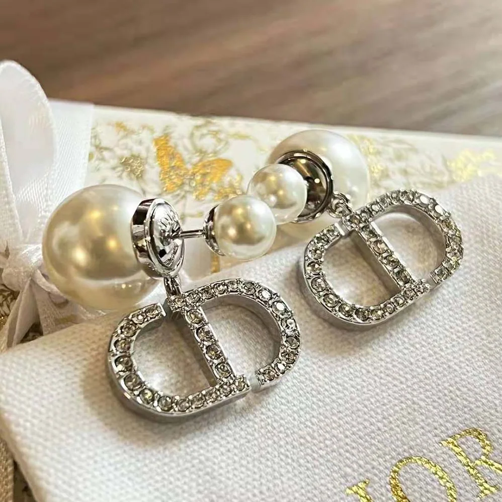 Dior Tribales Earrings Silver-Finish Metal with White Resin Pearls and Silver for Women in Tone Crystals