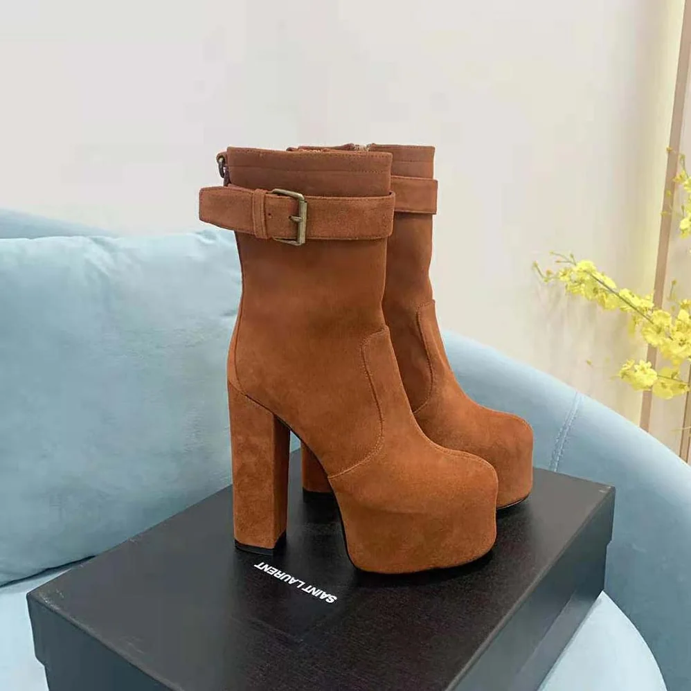 Saint Laurent YSL Cherry Buckle Platform Booties in Suede for Women in Brown Saint Laurent YSL Cherry Buckle Platform Booties in Suede for Women in Brown
