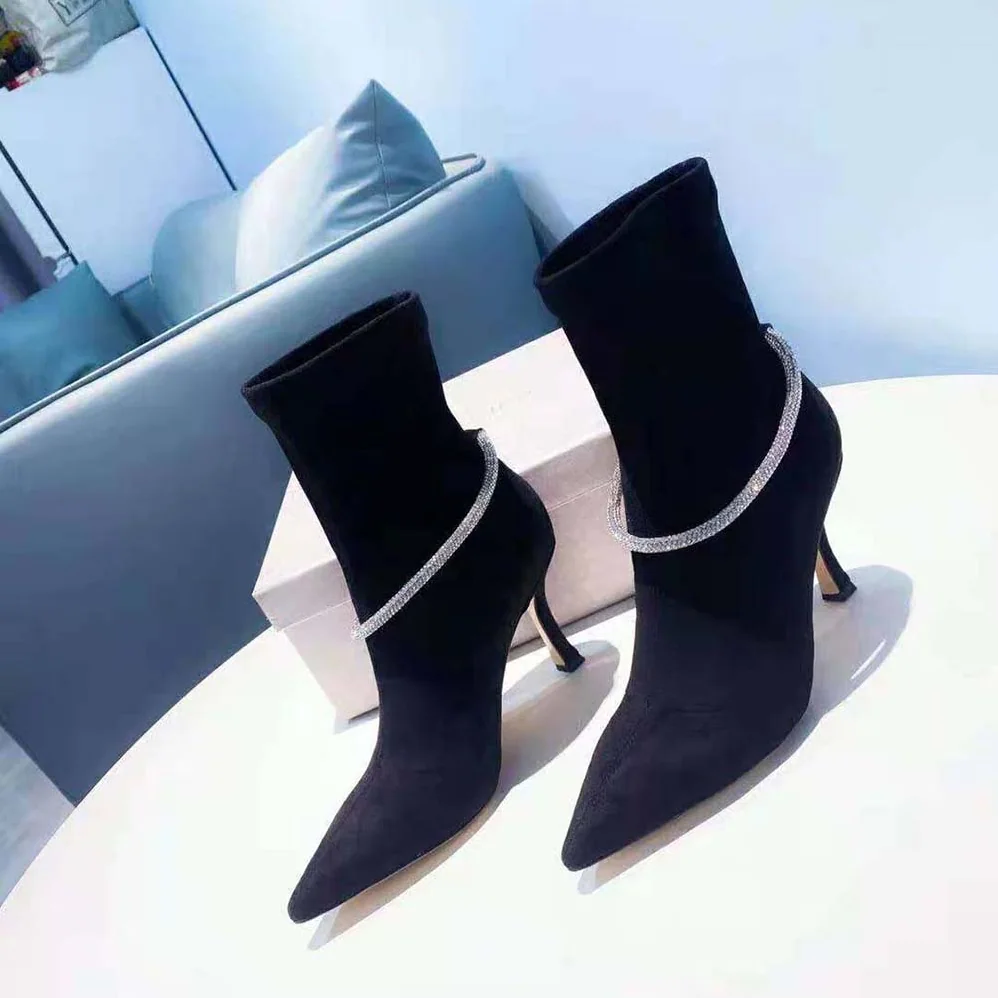 Jimmy Choo Leroy 90 Black Suede Sock Boots with Crystal Embellishment for Women