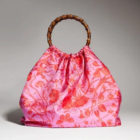 Gucci Silk Maxi With Bamboo Handle Tote Bag in Fuchsia/ Multicolor Gold Hardware Gucci Silk Maxi With Bamboo Handle Tote Bag in Fuchsia/ Multicolor Gold Hardware