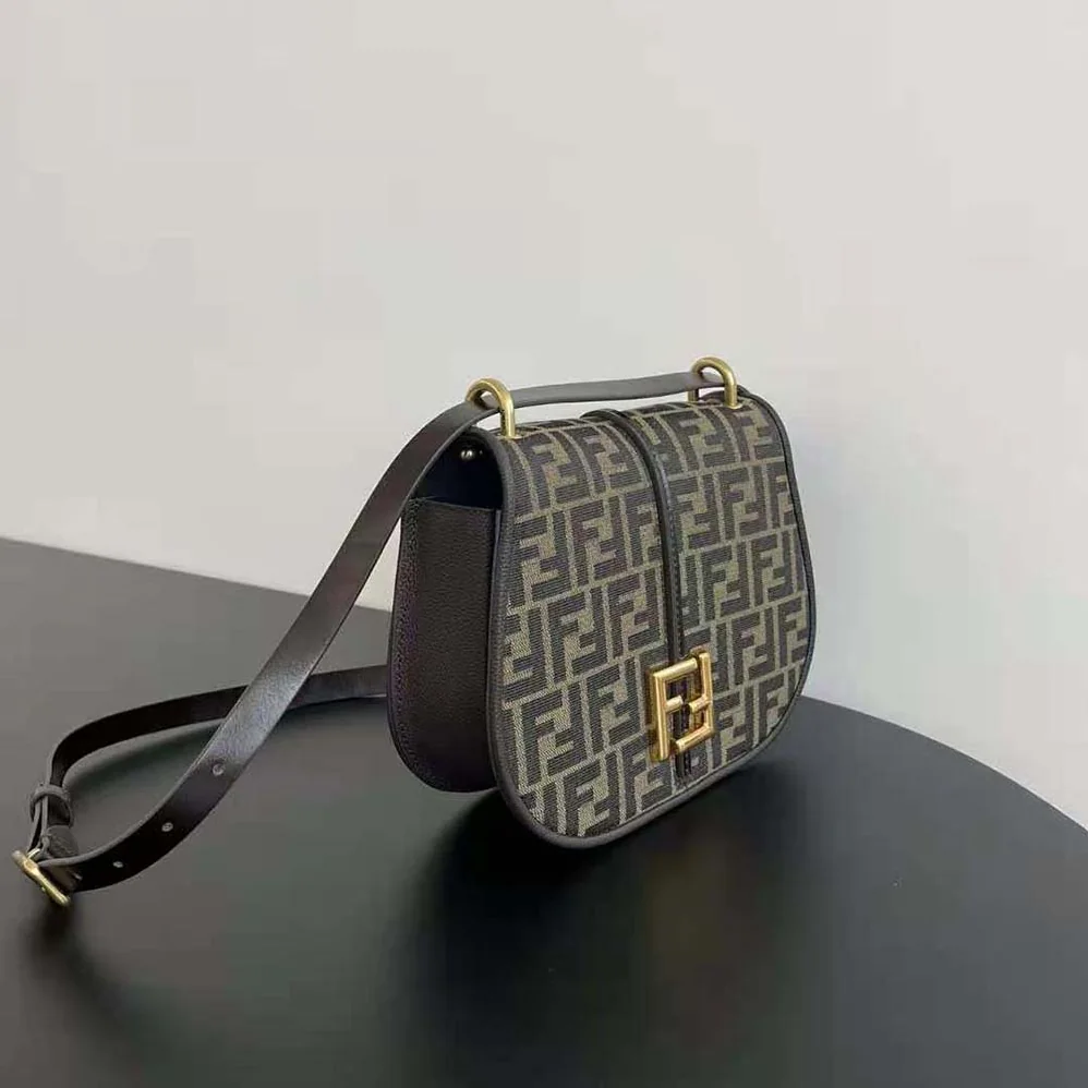 Fendi C'mon Medium Brown FF Jacquard Fabric and Leather Bag for Women Fendi C'mon Medium Brown FF Jacquard Fabric and Leather Bag for Women