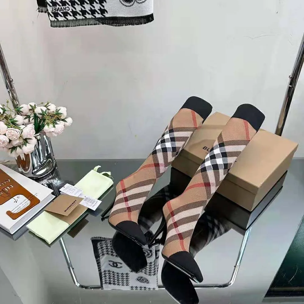 Burberry Knitted Check Sock Boots for Women in Brown