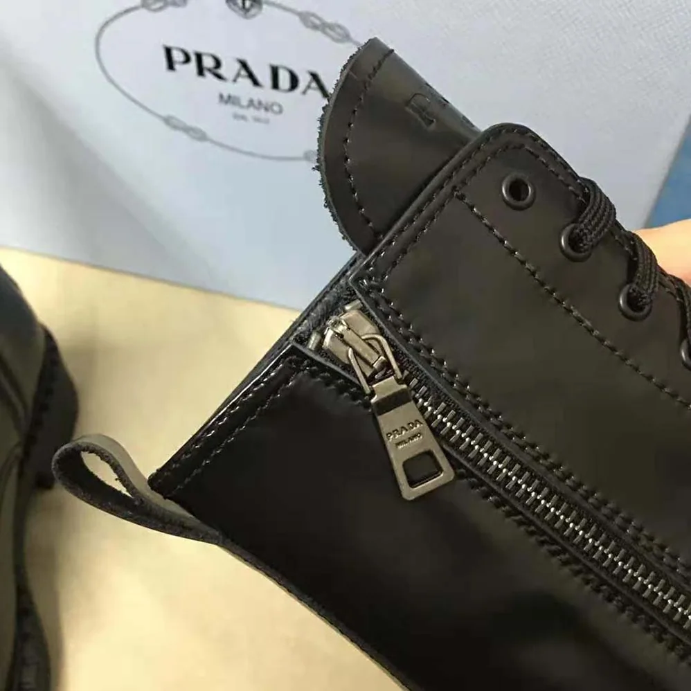 Prada Brushed Leather Laced Booties for Women in Black Prada Brushed Leather Laced Booties for Women in Black