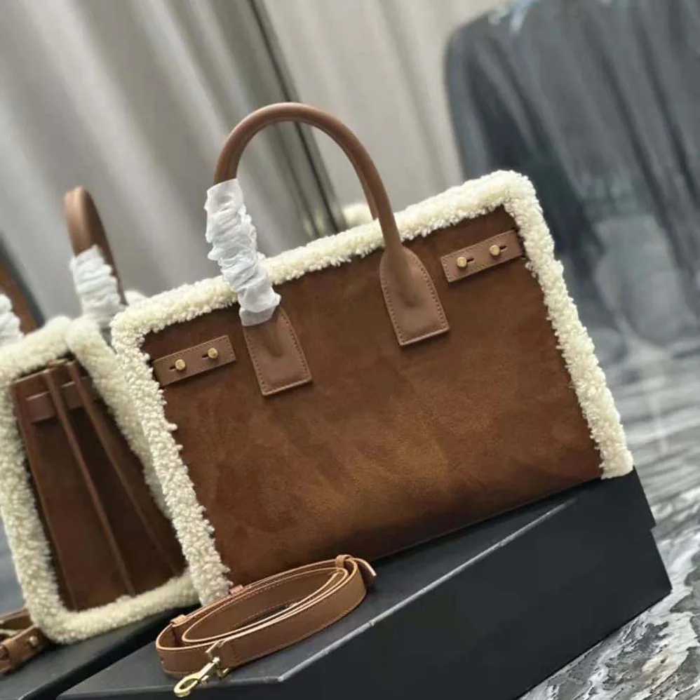 Saint Laurent YSL Sac De Jour Thin Large in Shearling and Suede for Men in Brown