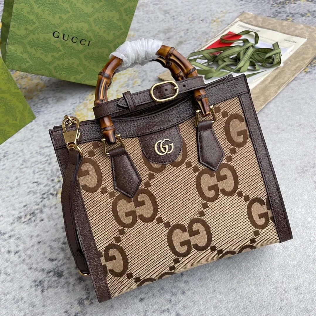 Gucci Diana Jumbo GG Small Tote Bag Camel And Ebony Jumbo GG Canvas Brown /