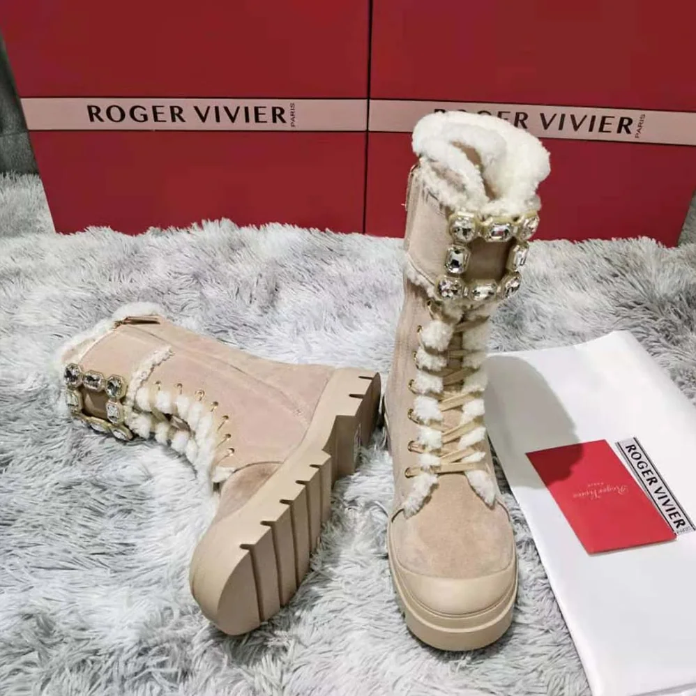 Roger Vivier Walky Viv' Lace Up Shearling Strass Buckle Booties in Suede for Women Roger Vivier Walky Viv' Lace Up Shearling Strass Buckle Booties in Suede for Women