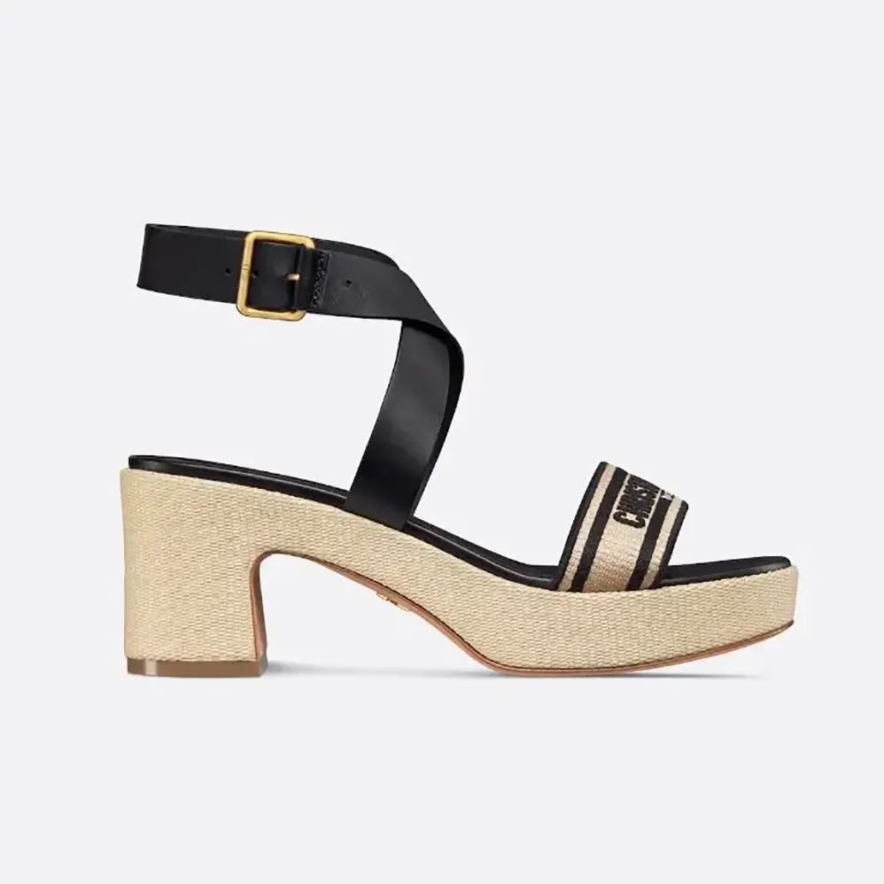 Dior Dioriviera Dway Heeled Sandal Natural Raffia with Black Calfskin and Embroidered Cotton for Women Dior Dioriviera Dway Heeled Sandal Natural Raffia with Black Calfskin and Embroidered Cotton for Women