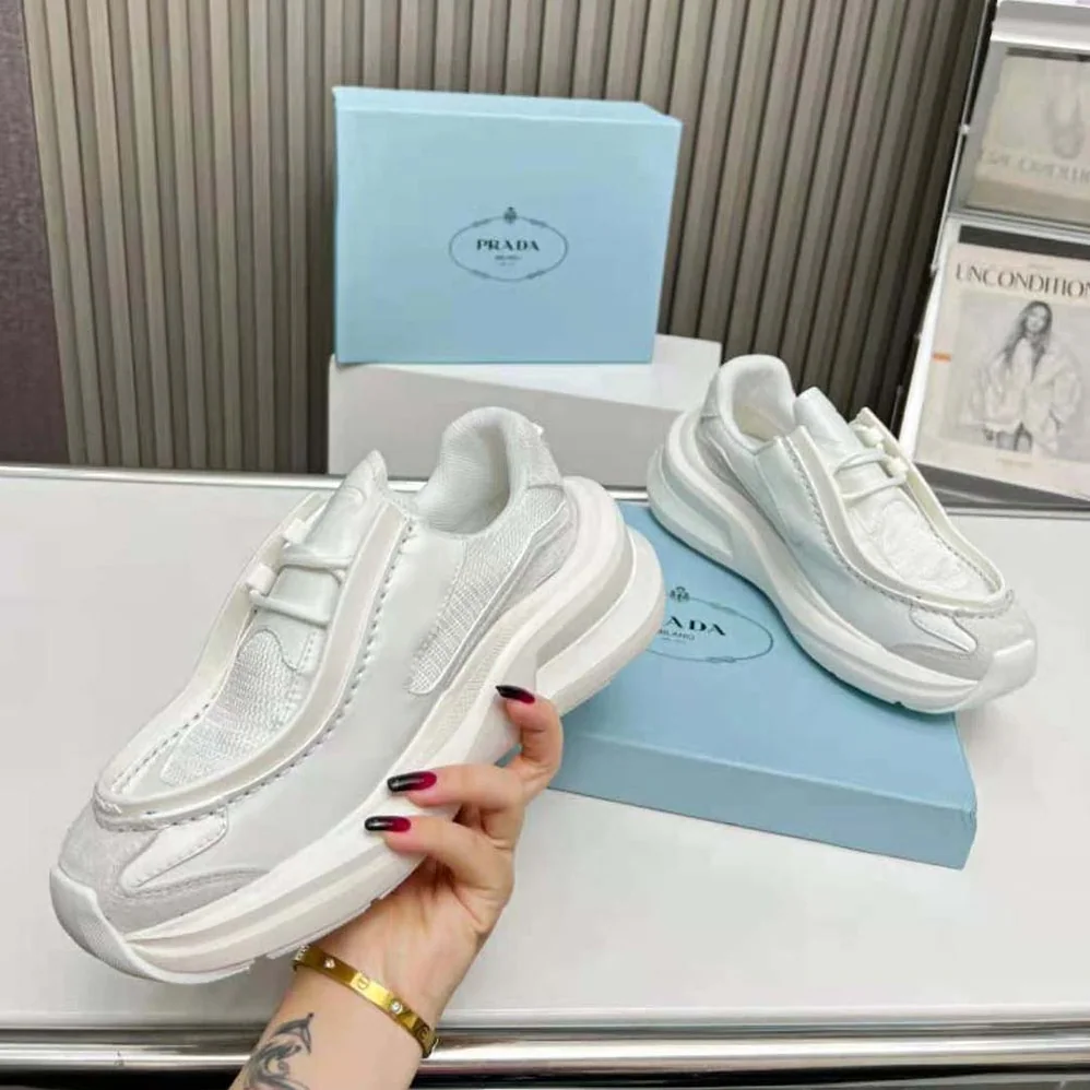Prada Systeme Brushed Leather Sneakers with Bike Fabric and Suede Elements for Men in White