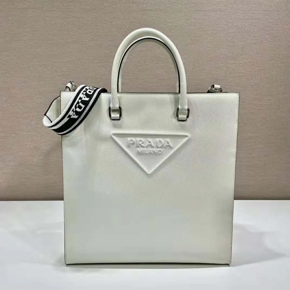 Prada Saffiano Leather Tote Bag with Sleek for Women in White Prada Saffiano Leather Tote Bag with Sleek for Women in White