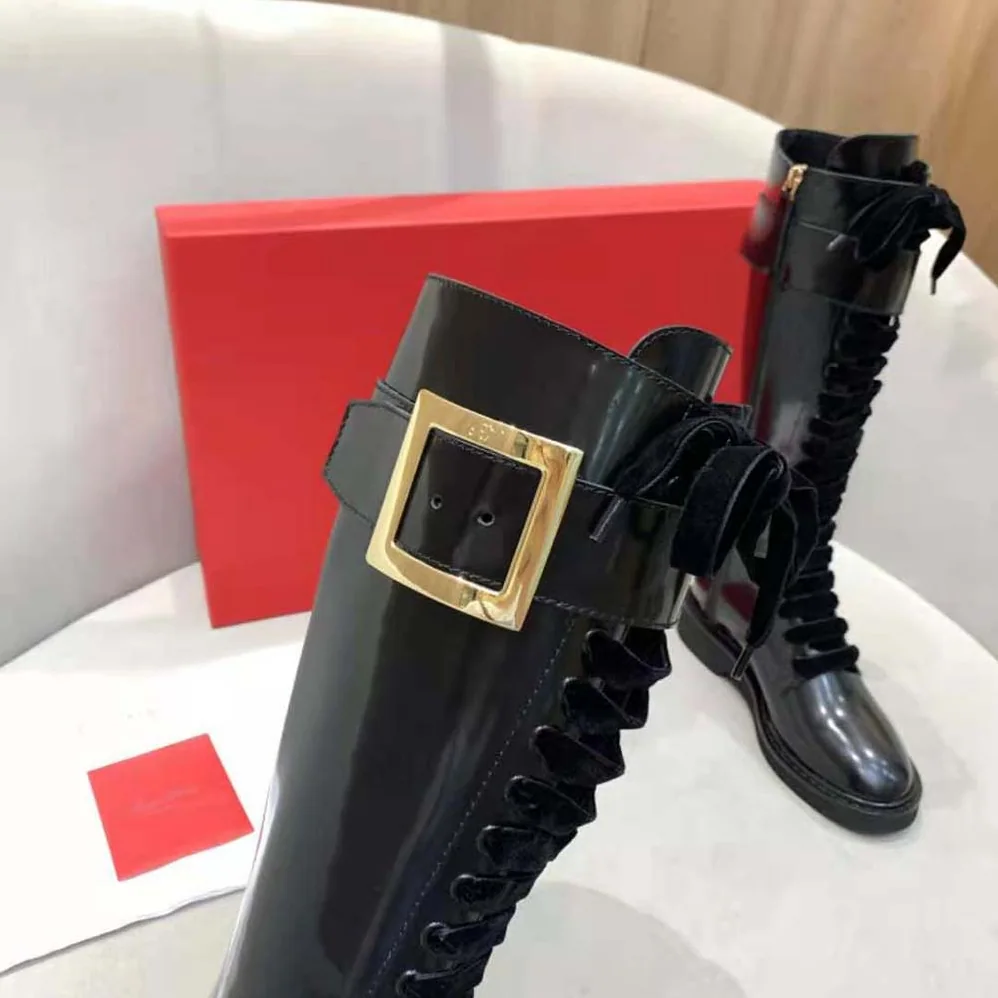 Roger Vivier Rangers Lace Up Metal Buckle Boots in Leather for Women