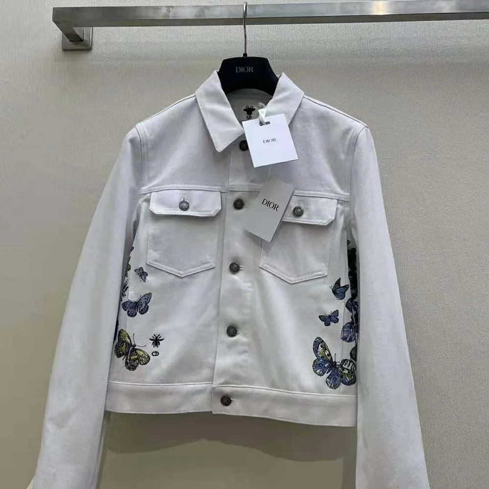 Dior Jacket Ecru Cotton Denim with Multicolor Butterfly Around the World Motif for Women Dior Jacket Ecru Cotton Denim with Multicolor Butterfly Around the World Motif for Women