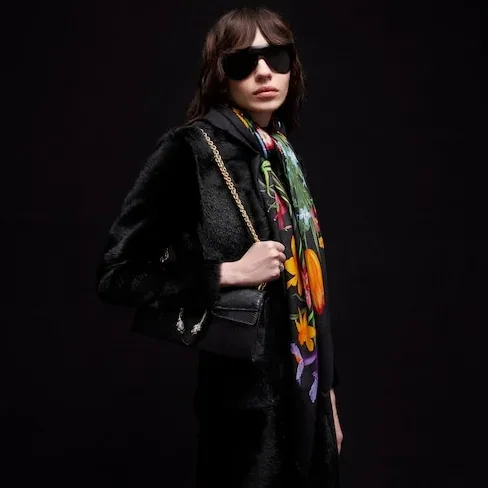 Gucci Printed GG Wool Silk Shawl Scarf Black in Multicolor