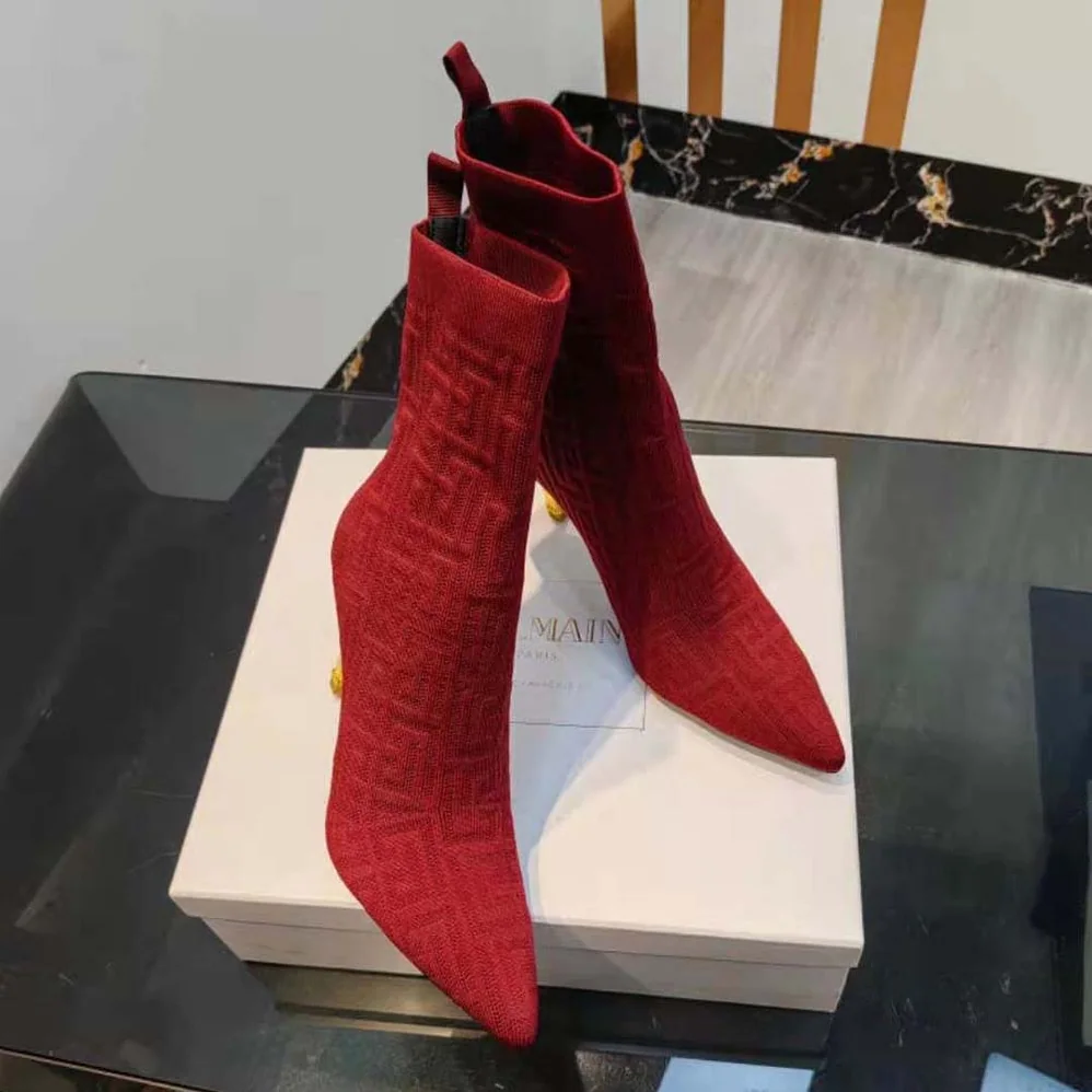 Balmain Moneta Monogrammed Knit Ankle Boots with Engraved Heel for Women in Red