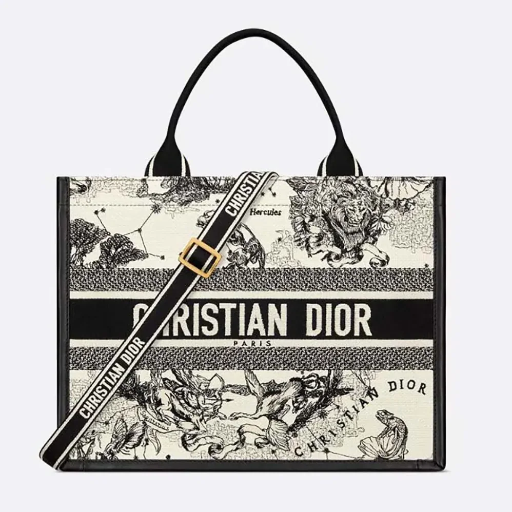 Dior Medium Dior Book Tote Latte and Black Dior Zodiac Embroidery with Black Calfskin for Women