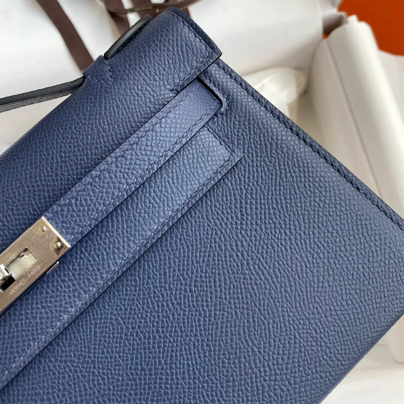 Hermes Kelly Pochette Top Handle Bag in Navy Epsom Palladium Hardware