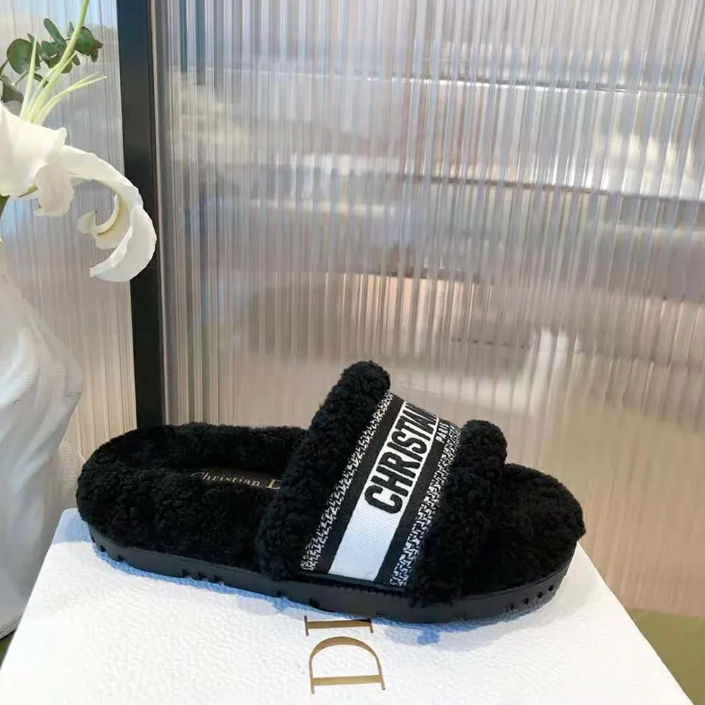 Dior Dway Slide Black Embroidered Cotton and Shearling for Women Dior Dway Slide Black Embroidered Cotton and Shearling for Women
