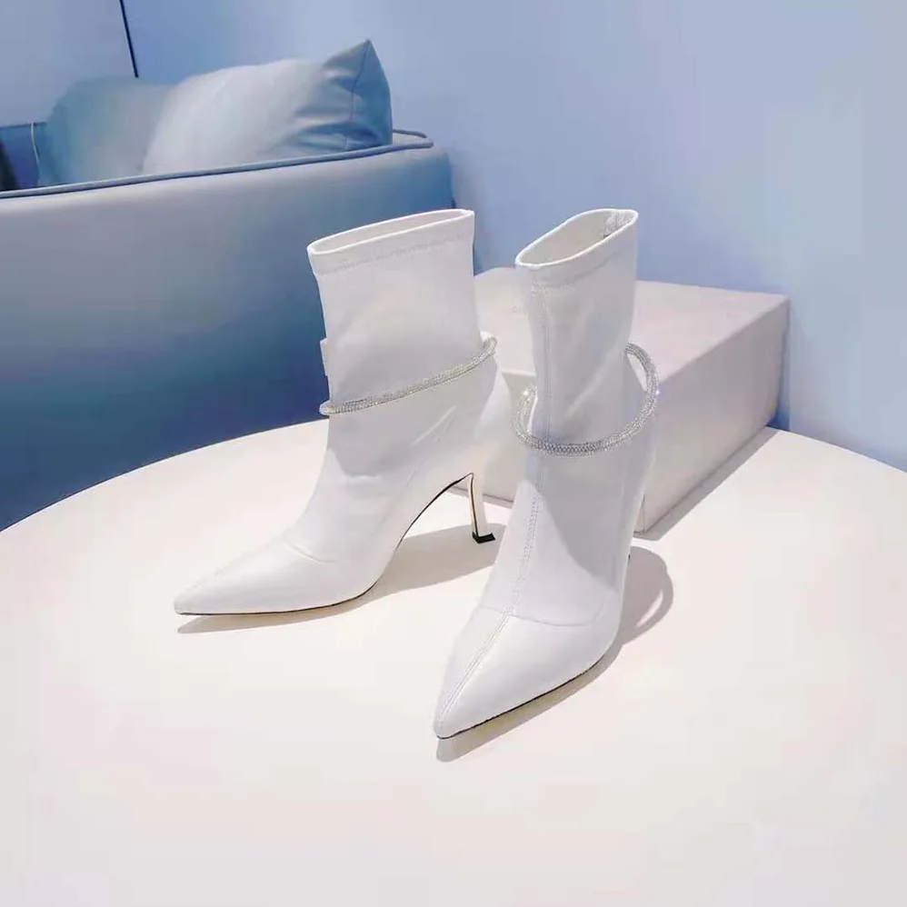 Jimmy Choo Leroy 90 Latte Stretch Bonded Fabric Sock Boots with Crystal Embellishment for Women