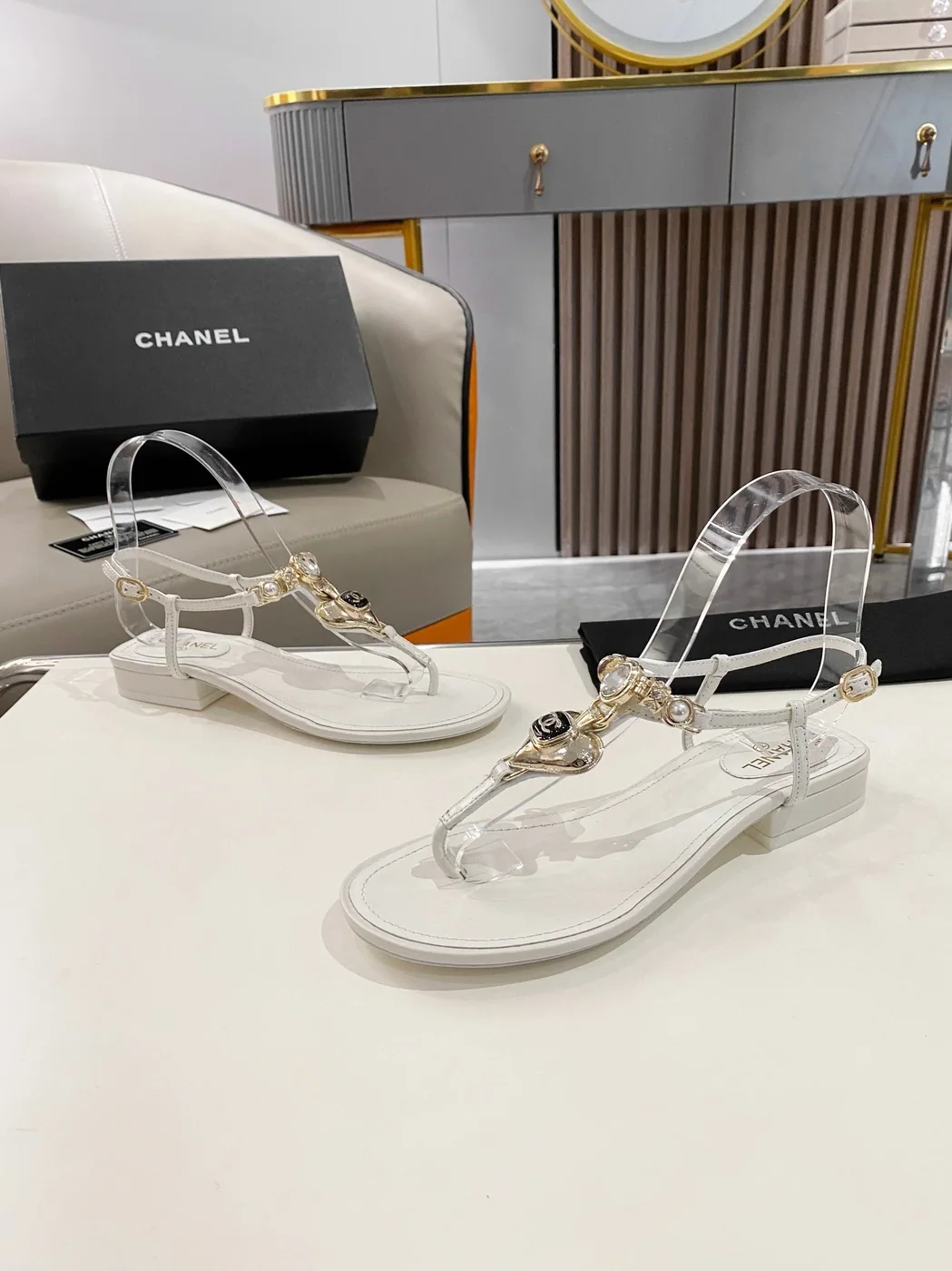 Chanel Crystal Low Heels Flip Flops White