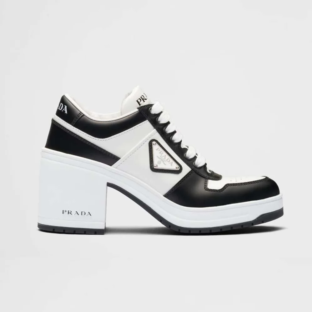 Prada Downtown High-Heeled Leather Sneakers for Women in Black