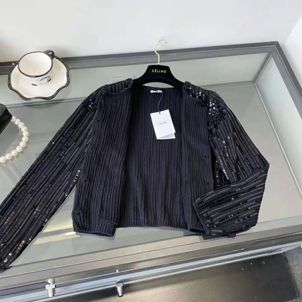 Celine Embroidered Cardigan in Ribbed Mohair for Women in Black