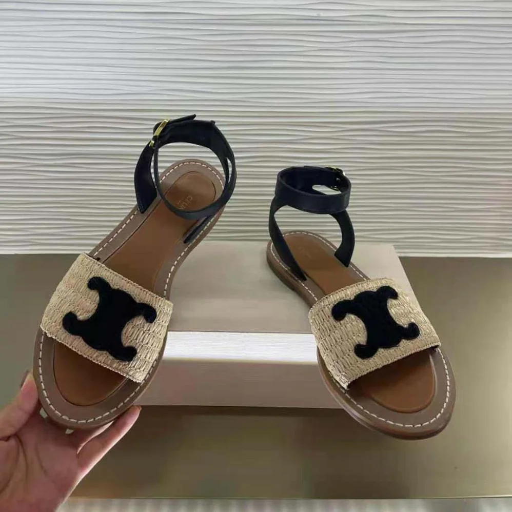 Celine Lympia Flat Strap Sandal in Raffia & Calfskin for Women in Black