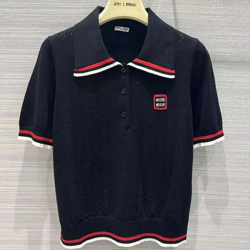Miu Miu Cropped Silk and Cotton Polo Shirt for Women in Navy Miu Miu Cropped Silk and Cotton Polo Shirt for Women in Navy