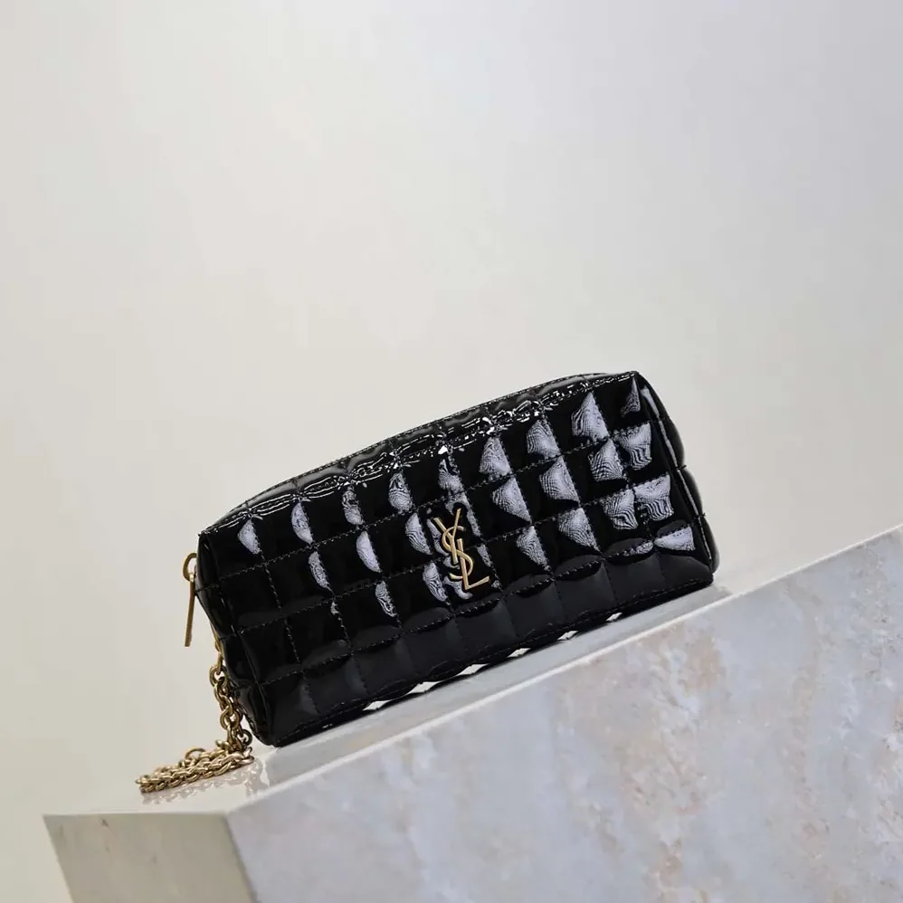 Saint Laurent YSL Cassandre Matelassé Carré Pouch On Chain In Shiny Canvas for Women in Black Saint Laurent YSL Cassandre Matelassé Carré Pouch On Chain In Shiny Canvas for Women in Black