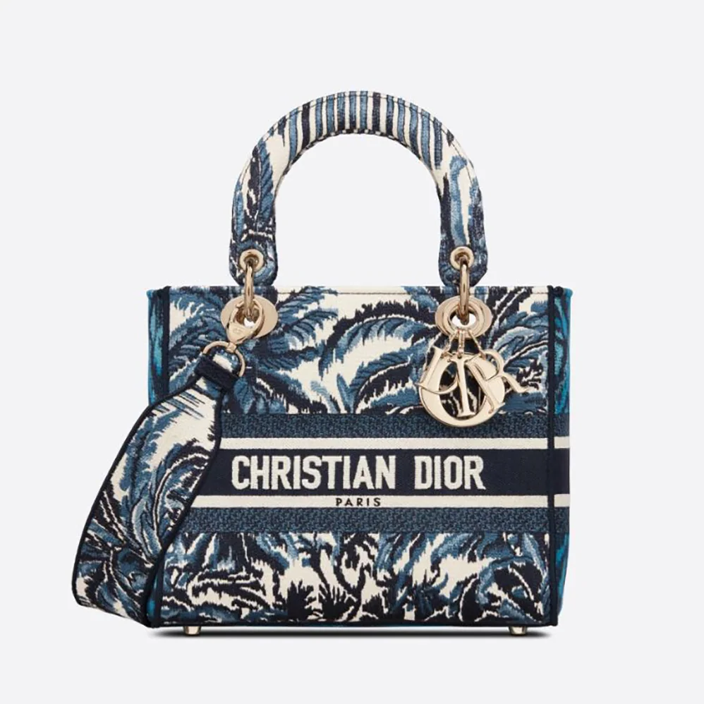 Dior Medium Lady D-lite Bag Blue Dior Palms Embroidery for Women