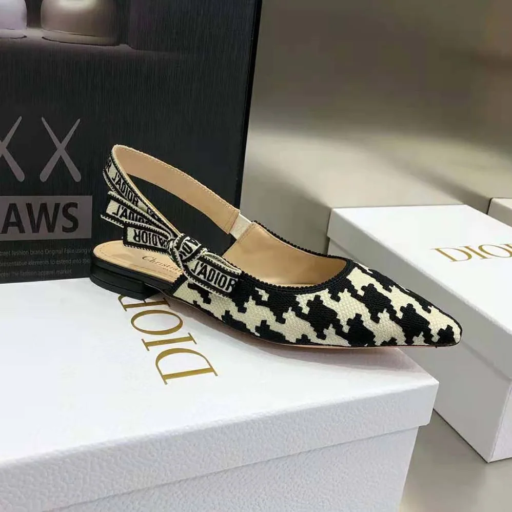 Dior J'Adior Slingback Ballerina Flat Black and White Cotton Embroidery for Women