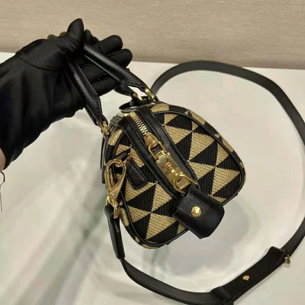 Prada Symbole Embroidered Jacquard Fabric Top-Handle Bag for Women in Black