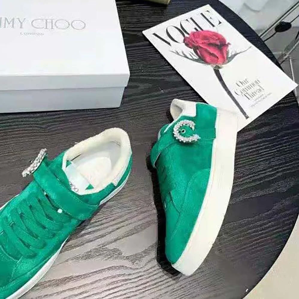 Jimmy Choo Osaka Lace up Malachite Suede and White Calf Leather Low Top Trainers for Women Jimmy Choo Osaka Lace up Malachite Suede and White Calf Leather Low Top Trainers for Women