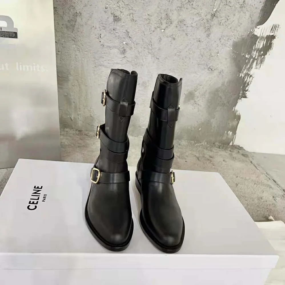 Celine Lyra Triple Buckles Boot in Calfskin for Women in Black